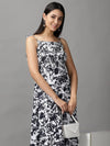 Women's White Printed Fit and Flare Dress-AE-15705-Whitenavyblue