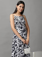 Women's White Printed Fit and Flare Dress-AE-15705-Whitenavyblue