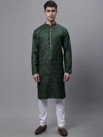 Men's Olive Green Embroidered Straight Kurta Pyjama Set-JOKP-P-690Olive