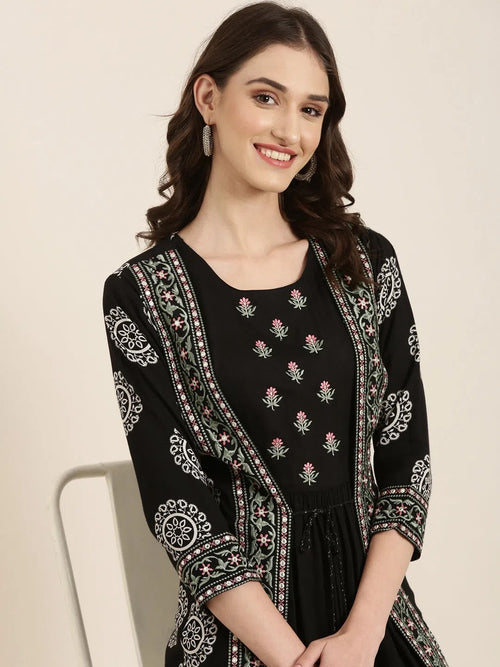 Women Black Embellished A-Line Kurta-GW-3127-Black