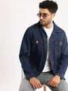 Men Navy Blue Spread Collar Solid Denim Jacket-IB-DJ-07-3-Navyblue