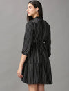 Women's Black Striped Fit and Flare Dress-AE-15712-Black