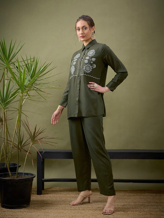 Women Olive Rayon Yoke Embroidered Shirt With Palazzos