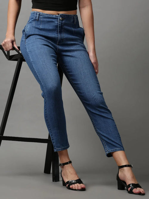 Women's Blue Solid Wide Leg Denim Jeans-GZ-5301-1-Blue