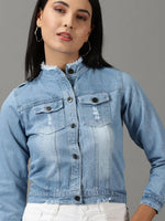 Women's Blue Solid Denim Jacket-AE-9507-Blue