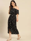 One Shoulder yoke overlap printed dress in Black