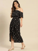 One Shoulder yoke overlap printed dress in Black