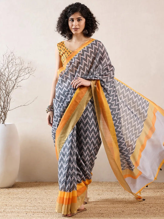 Ahika Women Grey Linen Ikat Printed Saree-VFSAR1017