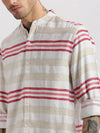 Men Mandarin Collar Horizontal Stripes Off White Casual Shirt-MIANO-2229-Offwhite