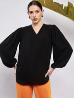 Women Black Puff Sleeves V-Neck Blouse