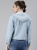 Women Blue Solid Denim Jacket-GZ-9513-Blue