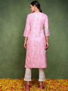 Ahika Women Pink Cotton Blend Floral Embroidered Straight Kurta