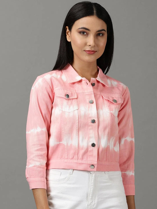 Women's Pink Colourblock Denim Jacket-AE-0174-Pink