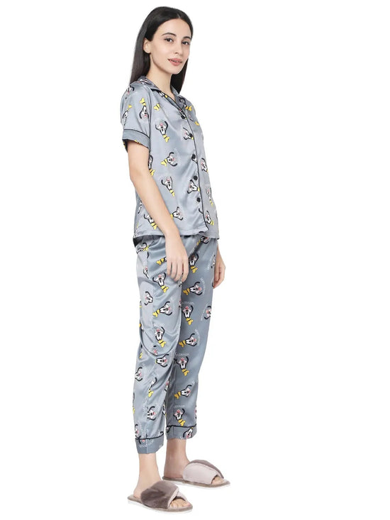 Smarty Pants Women's Silk Satin Dark Grey Goffy Print Night Suit