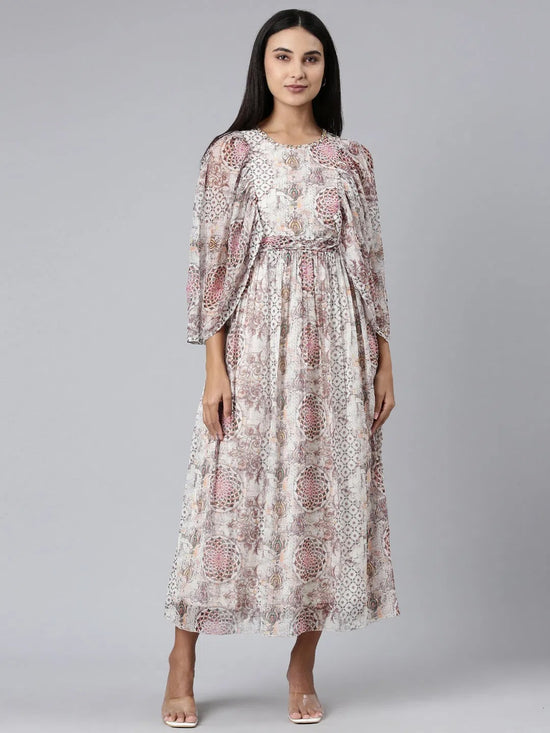 Women Off White Printed Fit and Flare Dress-DW-3783-Offwhite