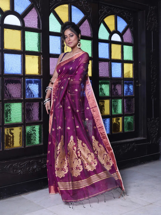 Purple Cotton Saree With Zari Borders-MA64BCT401190048