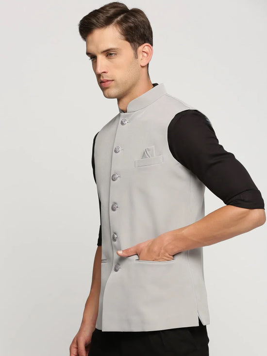 Men Grey Mandarin Collar Solid Nehru Jacket-AK-2250-7-Grey