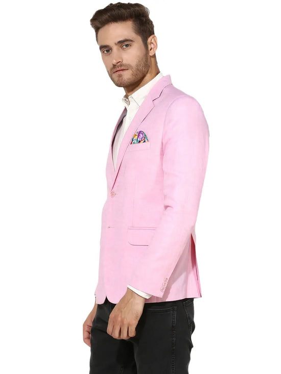 Hangup Men Standard Solid Men Formalwear-BabyPinkLinenBlazer