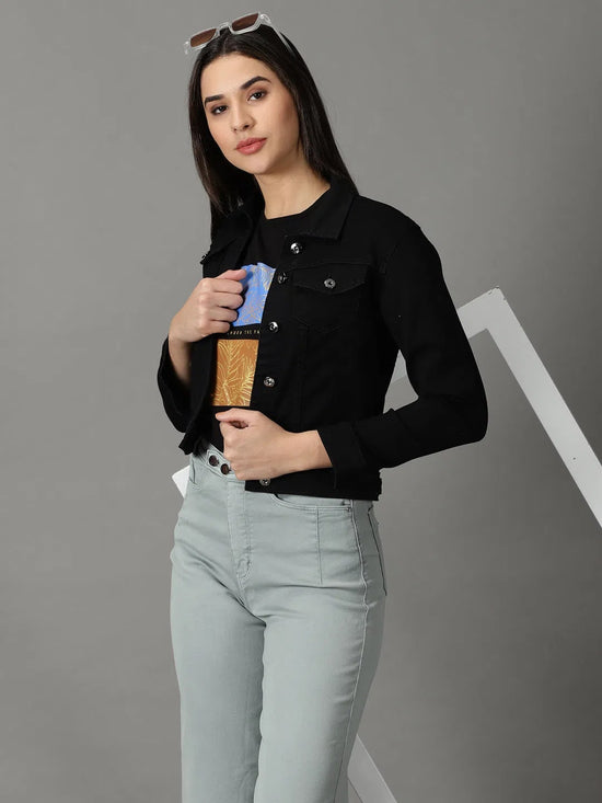 Women's Black Solid Denim Jacket-LT-JKT-105373-Black