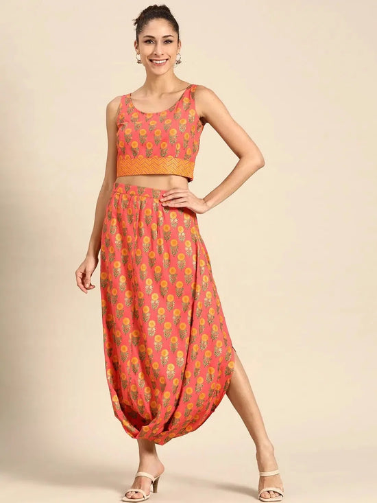 Cowl skirt with crop Top in Peach Print