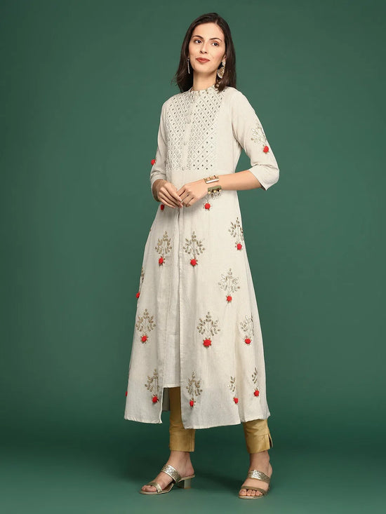 Women's White Embellished Anarkali Kurta-GW-658-Offwhite