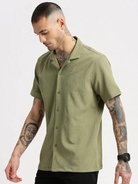 Men Cuban Collar Solid Green Casual Shirt-FELCO-2205-Green