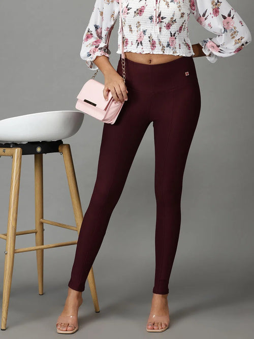 Women's Burgundy Solid Skinny Fit Jegging-ANX-1013-Burgundy