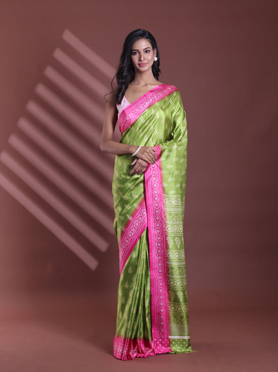 Green Silk Soft Saree With Paisley Print-MA60BSL01400041