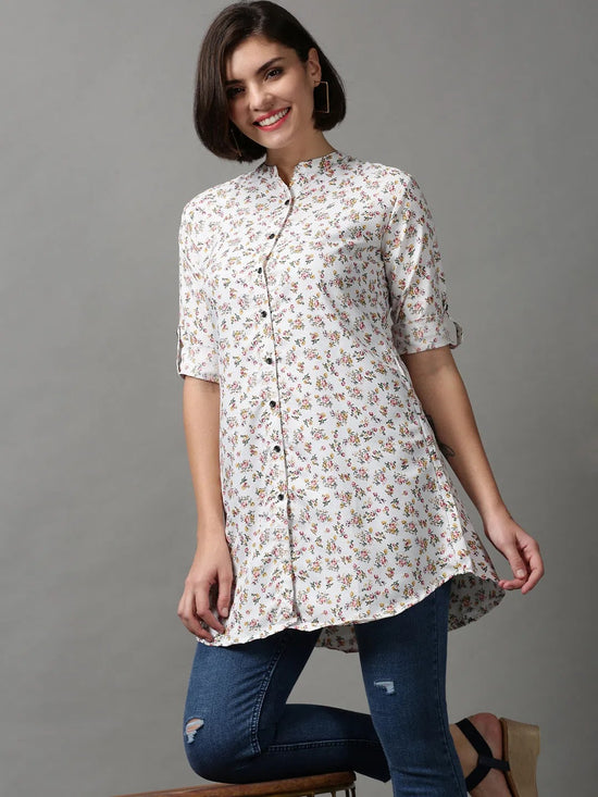 Women's White Printed Longline Shirt-AE-444111-Offwhite