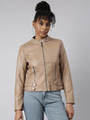 Women Solid Camel Brown Biker Jacket-8809-Camelbrown