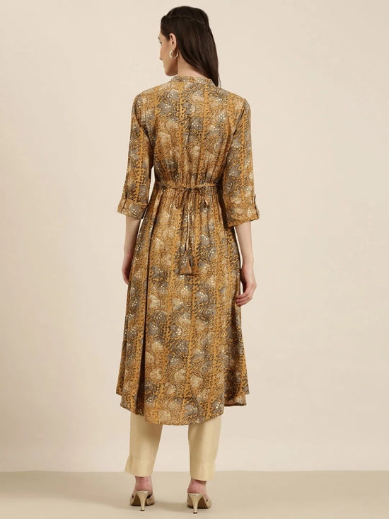 Women Mustard Printed A-Line Kurta-RJF-014-Mustard