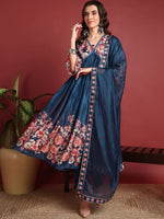 Ahika Polyester Floral Blue Indian Ethnic