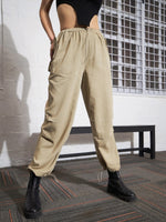 Women Beige Pleated Knee Twill Jogger Cargos