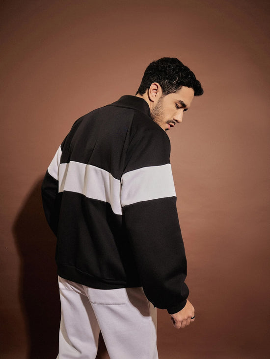 Men Black & White Colorblock Oversized Zipper Sweatshirt