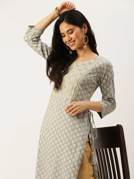 Women's Grey Printed Straight Kurtas-AT-A250-K-Grey