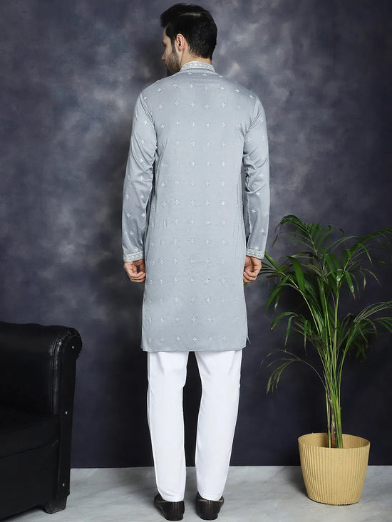 Men's Sequins Embroidered Kurta Pyjama Set.-JOKP-P-5038Grey