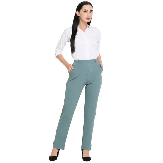 Smarty Pants Women's Cotton Lycra Straight Leg Olive Color Formal Trouser