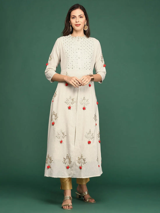 Women's White Embellished Anarkali Kurta-GW-658-Offwhite