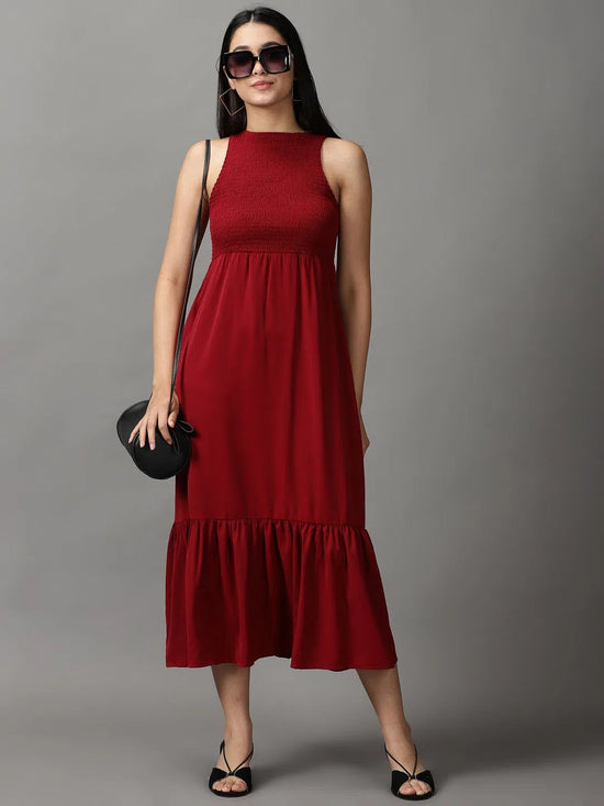 Women's Maroon Solid Fit and Flare Dress-AE-15669-Maroon