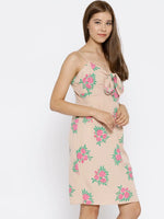 Front Tie Knot Rose print Mini Dress in Skin Color