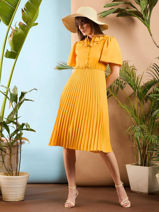 Women Mustard Frill Neck Accordion Pleated Midi Dress