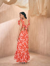 Women Orange Floral Back Knot Frill Maxi