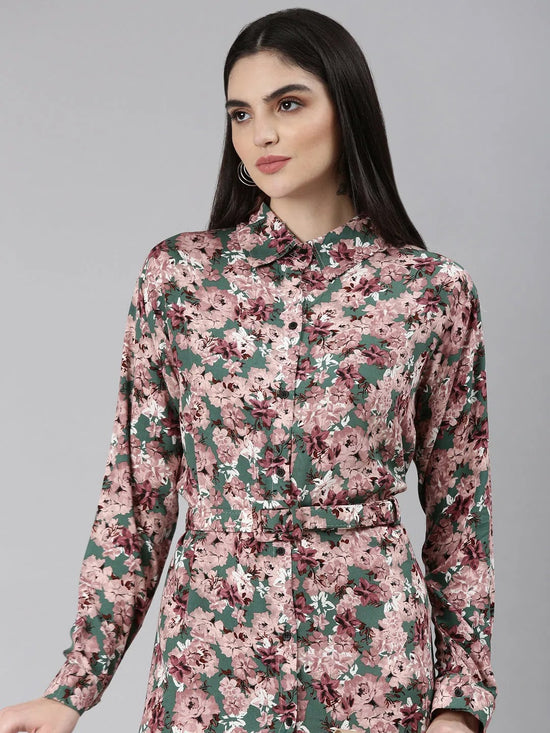 Women Green Floral Shirt Dress-AE-4232-Green