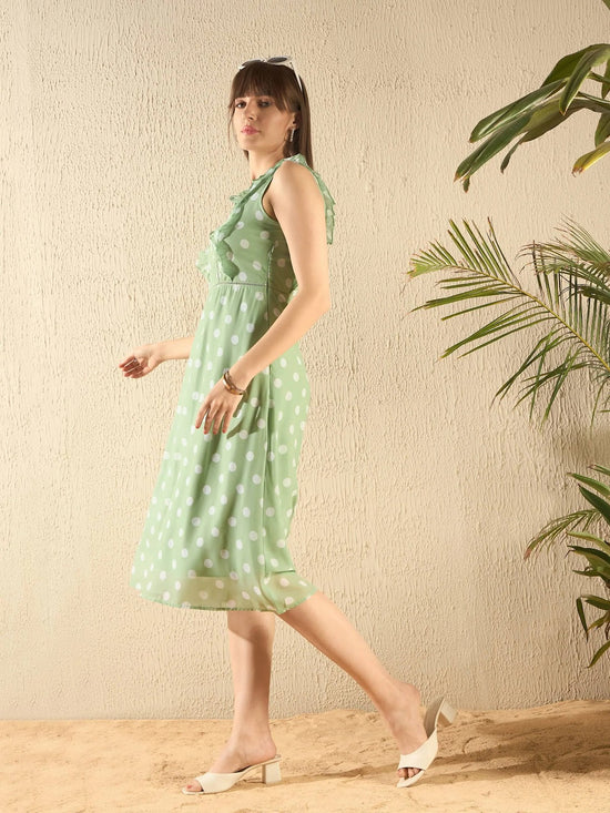 Women Olive Polka Dot Midi Dress