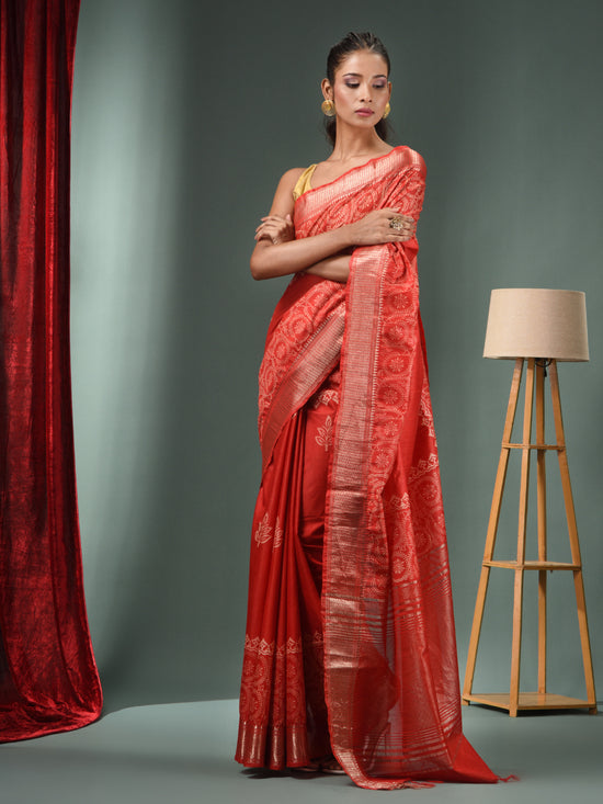 Red Blended Silk Handwoven Saree With Zari Border-MA50BSL34830113