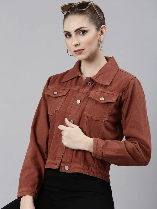 Women Rust Solid Denim Jacket-GZ-5598-Rust