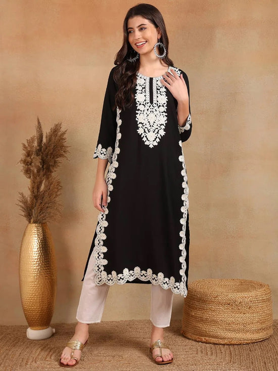 Ahika Women Black Viscose Rayon Solid Embroidered Chikankari Straight Kurta-VCK9780