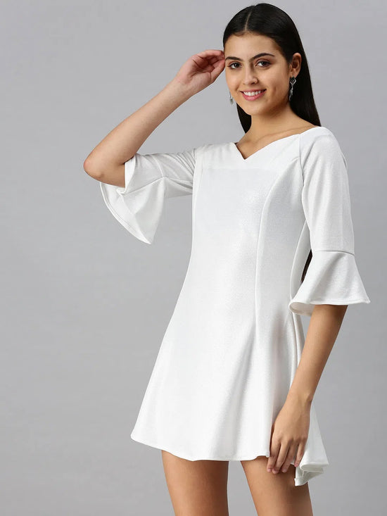 Women's Fit and Flare White Solid Dress-AE-9895-White