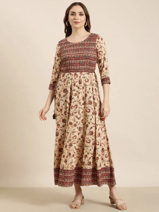 Women Anarkali Beige Floral Kurta-AT-A1463-LG-Beige