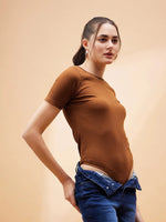 Women Brown Rib Round Neck Bodysuit